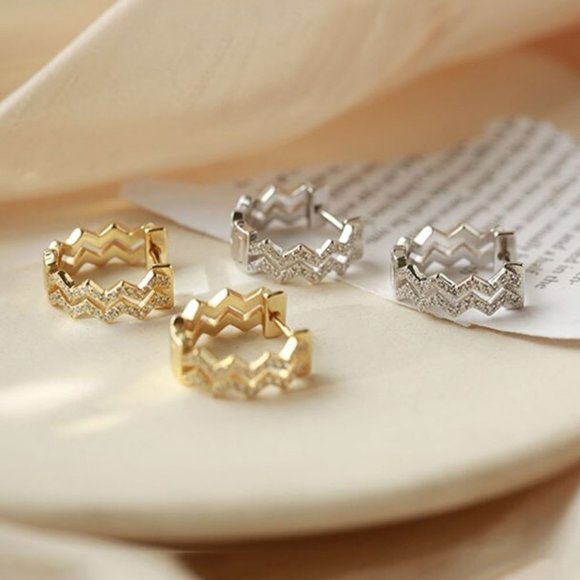 *Gold/Sterling Silver Diamond Wave Hoop Earrings - Picture 3 of 11